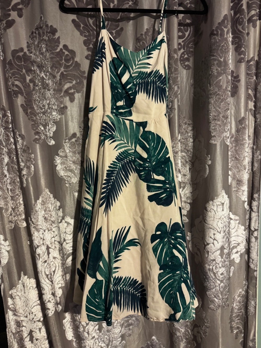 Old Navy Pinkish Cream Midi Dress with Green Tropical Leaf Print